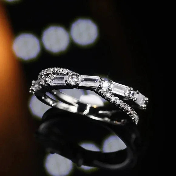 ▶Fashion Party Two Lines Cross CZ Anillos Trendy Silver Rings for Women, L231